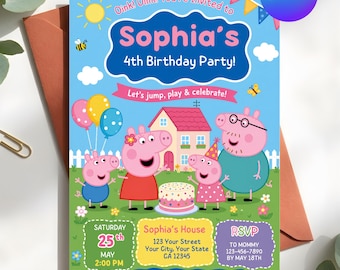 Editable Peppa Pig Birthday Invitation, Kids Party Invite for Girls, Personalized Canva Template, Cute Cartoon Evite, Digital Download