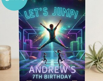 May include: A vibrant invitation card with the text "LET'S JUMP!" and "ANDREW'S 7TH BIRTHDAY". The design features a child jumping in a trampoline park setting with neon lights and colorful accents. Includes date, time, and RSVP information.