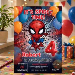 以下が含まれることがあります： スパイダーマンのキャラクター、大きな赤い数字の4、そして「IT'S SPIDEY TIME! Robert is turning FOUR!」というテキストが描かれた誕生日招待状。カードには11月25日土曜日にブルックリンのロバートの家で開催されるイベントの詳細が記載されています。