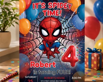 Editable 4th Spidey Birthday Invitation, Spiderman Amazing Friends Party Invite, Boys Bday, Canva Template, Digital Download