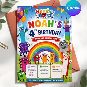 Puede incluir: Una colorida invitación de cumpleaños con el texto "Noah's 4th Birthday" y personajes de números de dibujos animados. La invitación incluye detalles de la fiesta, como la fecha, la hora y el lugar, y un diseño de arcoíris.