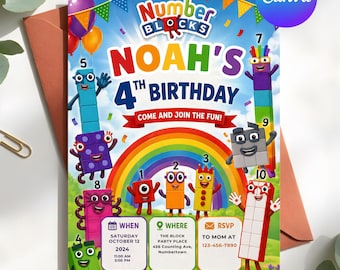 Faire-part d'anniversaire de blocs de nombres, invitation de fête d'enfants modifiable, invitation d'anniversaire de thème de nombre, téléchargement numérique imprimable, modèle de toile