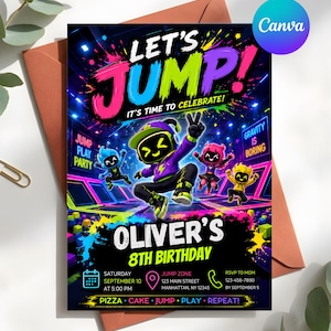 May include: A colourful birthday party invitation with the words "LET'S JUMP!" in large, vibrant letters. The invitation features cartoon characters, trampoline imagery, and event details, including the date, time, and location for Oliver's 8th birthday.