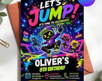 May include: A vibrant birthday party invitation with the words "LET'S JUMP!" in large, colorful letters. The invitation features cartoon characters, trampoline imagery, and event details, including the date, time, and location for Oliver's 8th birthday.
