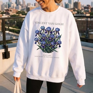 Sudadera vintage con estampado floral de iris, cuello redondo, estética botánica, regalo para mujer, jersey cómodo de otoño, estilo cottagecore, tendencia trágica.