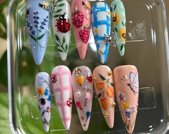 3D Garden Nails, Ladybug Bee Floral Fruit Nails, Handmade Reusable Glue On Nail Set