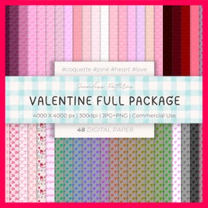 Pacote com 48 estampas sem costura para o Dia dos Namorados, incluindo papéis digitais com laços e corações, letras cursivas e fundos simples com corações nas cores rosa, vermelho, roxo e preto.