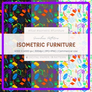 Op de afbeelding: Een digitale papierenset met zes naadloze patronen met isometrische meubelontwerpen. De patronen bevatten klokken, lampen, stoelen en andere meubelelementen in verschillende kleuren. De tekst "ISOMETRIC FURNITURE" is inbegrepen.