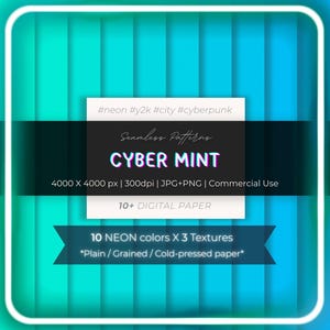 Könnte beinhalten: Digitales Papier-Set mit einem türkis-blauen Farbverlauf im Hintergrund. Der Text "CYBER MINT" ist in Neonrosa gehalten, mit Details zu Dateigröße, Auflösung und kommerzieller Nutzung. Enthält 10 Neonfarben und 3 Texturen.