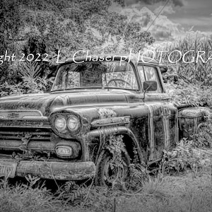 May include: A black and white photo of an old, rusty pickup truck partially overgrown with weeds. The truck has a license plate that reads "DRT CNT". The photo is taken from a low angle, showing the front of the truck.