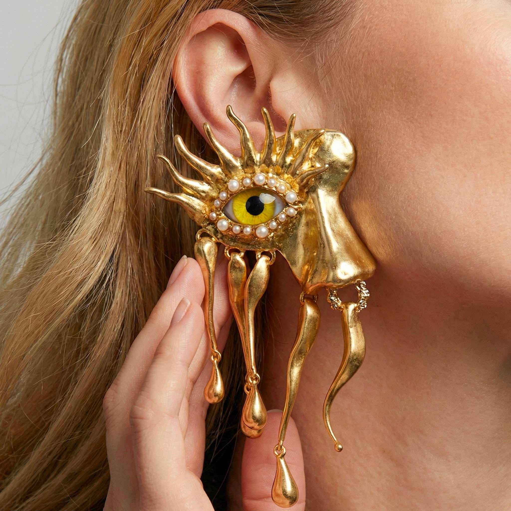 Schiaparelli Inspired Gold & Black Bird Lock Drop Earrings - Elegant Accessories Schiaparelli Pearl Place Vendôme Padlock Earrings - Drop  main image 2