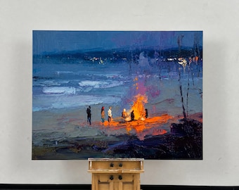 Paesaggio notturno con falò sulla spiaggia, dipinto ad olio / Oceano blu vibrante, arte impressionista su tela / Decorazione costiera per la casa / 100% dipinto a mano con tecnica 3D a pastello