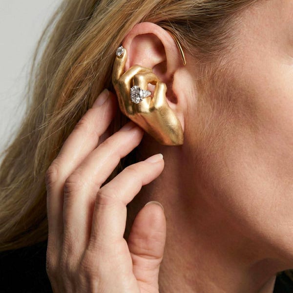 Surrealist Gold Hand Ear Cuff, Schiaparelli Inspired Diamond Ring Earring, Avant-Garde Anatomy Jewelry, Statement Artistic Ear Wrap