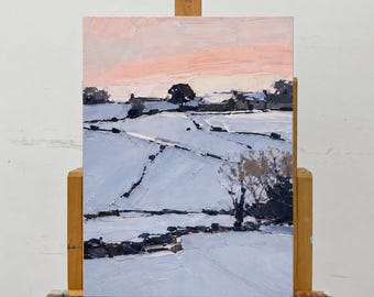 Tableau minimaliste sur toile, peint à la main, représentant un paysage de ferme enneigé en hiver. Œuvre personnalisable, grand format, idéal pour la décoration intérieure.