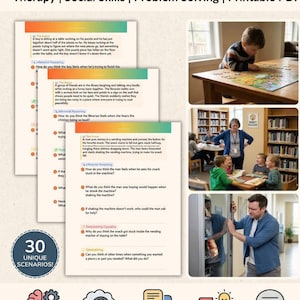 May include: Printable PDF worksheets for speech therapy, social skills, and problem-solving. The worksheets feature 30 unique picture scenarios to boost executive function and develop inferencing skills. Includes images of children and adults.
