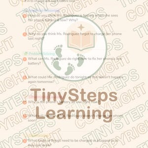 Peut inclure: Feuille de travail &eacute;ducative de TinySteps Learning. La feuille de travail comprend des questions sur une batterie de t&eacute;l&eacute;phone faible, la r&eacute;solution de probl&egrave;mes et la d&eacute;termination de la causalit&eacute;. Le texte est de couleur marron clair avec un fond vert et bleu.