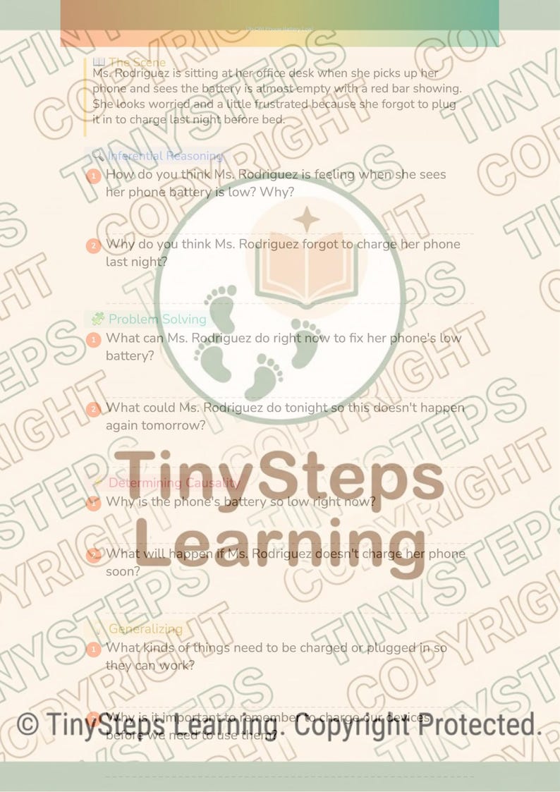Peut inclure: Feuille de travail &eacute;ducative de TinySteps Learning. La feuille de travail comprend des questions sur une batterie de t&eacute;l&eacute;phone faible, la r&eacute;solution de probl&egrave;mes et la d&eacute;termination de la causalit&eacute;. Le texte est de couleur marron clair avec un fond vert et bleu.
