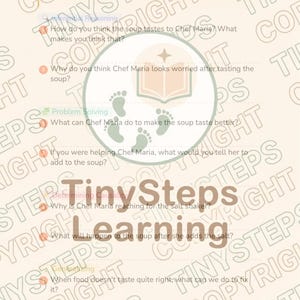 Peut inclure: Feuille de travail &eacute;ducative de TinySteps Learning. La page pr&eacute;sente du texte et des illustrations sur un chef go&ucirc;tant de la soupe et tendant la main vers le sel. Des questions sont pos&eacute;es pour encourager la pens&eacute;e critique et la r&eacute;solution de probl&egrave;mes.