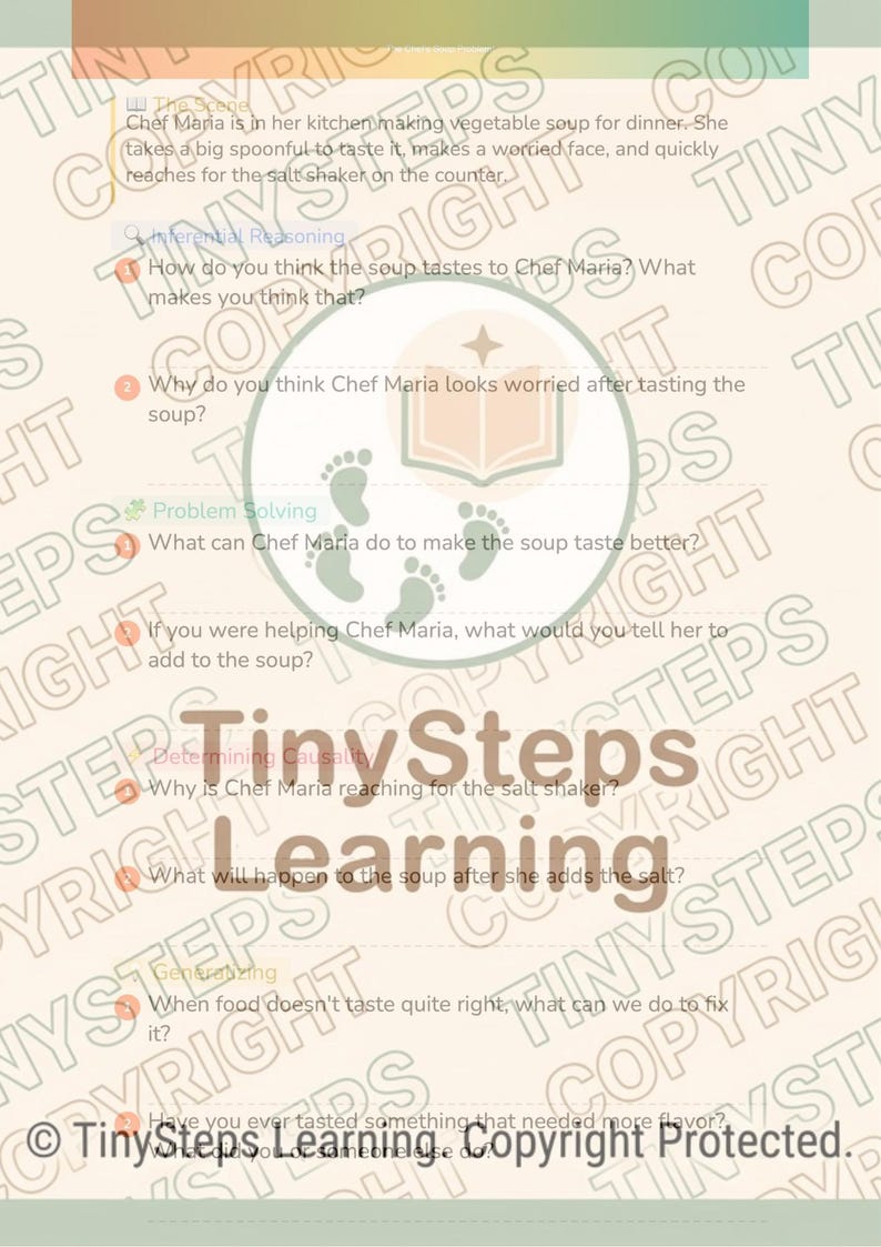Peut inclure: Feuille de travail &eacute;ducative de TinySteps Learning. La page pr&eacute;sente du texte et des illustrations sur un chef go&ucirc;tant de la soupe et tendant la main vers le sel. Des questions sont pos&eacute;es pour encourager la pens&eacute;e critique et la r&eacute;solution de probl&egrave;mes.