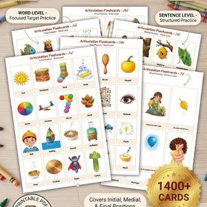 以下が含まれることがあります： 「ULTIMATE ARTICULATION BUNDLE | Print & Practice」のテキストが入った、言語療法用の発音フラッシュカードのセット。初期、中間、最終の位置をカバーするイラストが特徴です。1400枚以上のカードが含まれています。