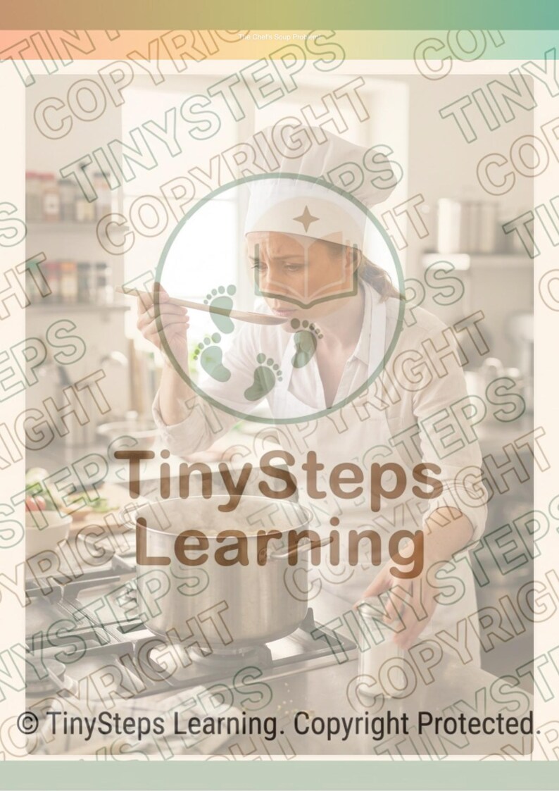 Peut inclure: Un chef en uniforme et toque blancs go&ucirc;te la nourriture d'une casserole sur une cuisini&egrave;re. L'image contient le texte "TinySteps Learning" et une mention de copyright.