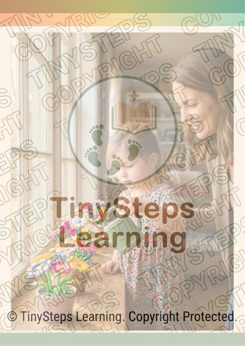 Peut inclure: Une petite fille arrose des fleurs jouets color&eacute;es avec un arrosoir vert. L'image contient le texte "TinySteps Learning" et une mention de copyright. Une femme est &agrave; proximit&eacute;.