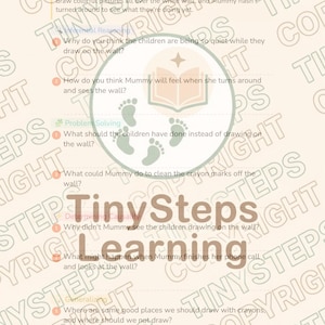 Peut inclure: Une feuille d'exercices "TinySteps Learning" avec des questions sur une situation o&ugrave; des enfants dessinent sur un mur. Le texte comprend des questions sur les actions des enfants et la r&eacute;action de la m&egrave;re.