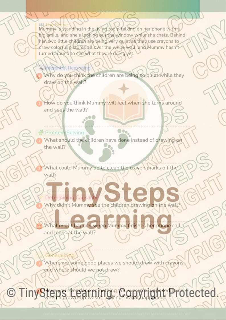 Peut inclure: Une feuille d'exercices "TinySteps Learning" avec des questions sur une situation o&ugrave; des enfants dessinent sur un mur. Le texte comprend des questions sur les actions des enfants et la r&eacute;action de la m&egrave;re.