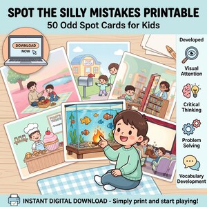Encontre os Erros Bobos - Jogo para Imprimir | 50 Cartões de Erros Bobos para Crianças (Download Digital)
