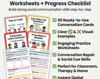 Social Conversation Skills Toolkit | 50 Visual Cards, Worksheets (Digital Download)