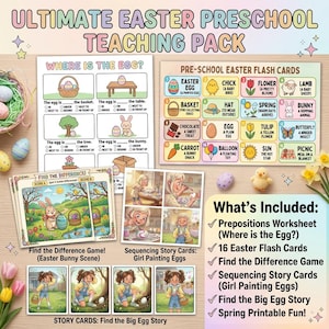 Puede incluir: Un paquete de enseñanza preescolar de Pascua definitivo con hojas de trabajo, tarjetas didácticas y juegos. Incluye una hoja de trabajo "¿Dónde está el huevo?", 16 tarjetas didácticas de Pascua, un juego "Encuentra la diferencia", tarjetas de historias de secuencias y más. El paquete presenta ilustraciones coloridas.