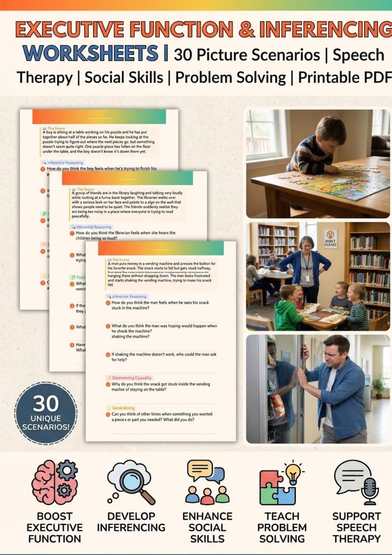 Peut inclure: Feuilles de calcul PDF imprimables pour l'orthophonie, les comp&eacute;tences sociales et la r&eacute;solution de probl&egrave;mes. Les feuilles de calcul pr&eacute;sentent 30 sc&eacute;narios illustr&eacute;s uniques pour am&eacute;liorer la fonction ex&eacute;cutive et d&eacute;velopper les comp&eacute;tences d'inf&eacute;rence.