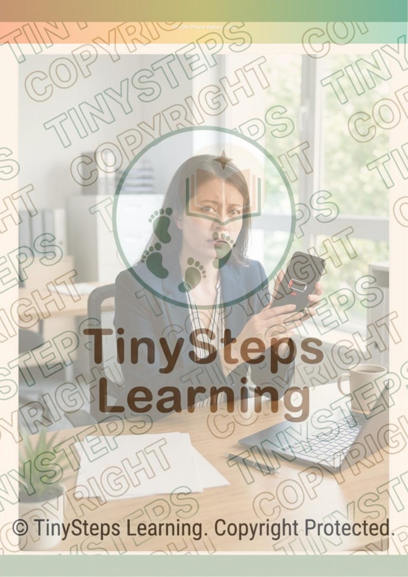 Peut inclure: Une femme en blazer bleu tient un smartphone, assise &agrave; un bureau avec un ordinateur portable, une tasse &agrave; caf&eacute; et des papiers. L'image comprend le texte "TinySteps Learning" et des informations sur le droit d'auteur.