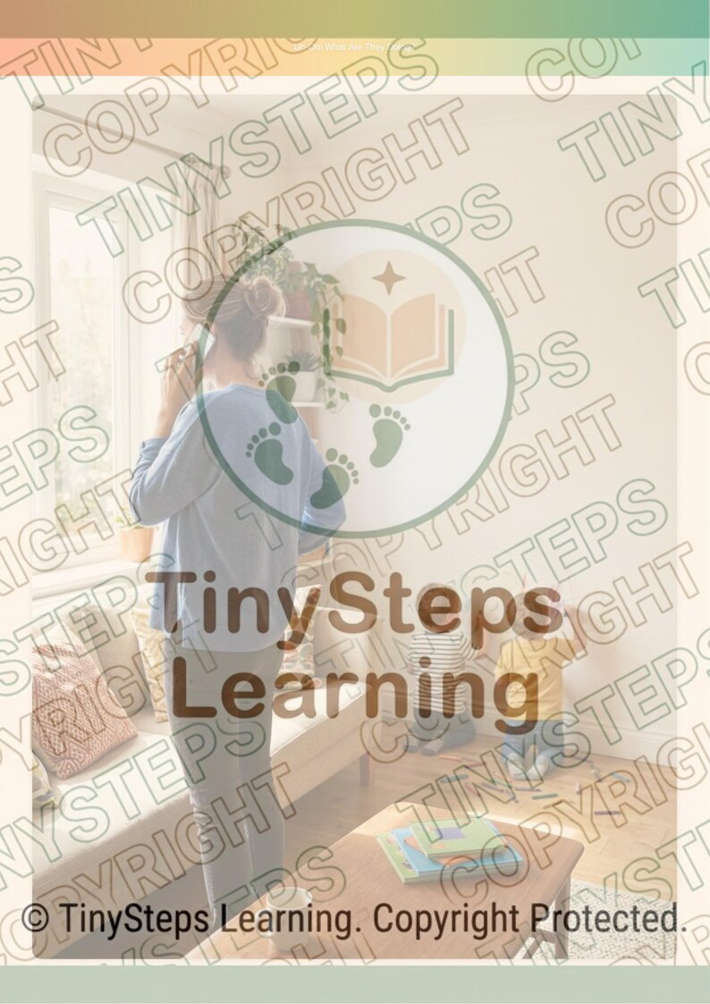 Peut inclure: Image d'une femme et d'un enfant dans un salon. L'image contient le texte "TinySteps Learning" et un logo avec un livre et des empreintes de pas. La sc&egrave;ne sugg&egrave;re un environnement d'apprentissage ou &eacute;ducatif.