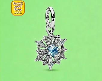 Blue Snowflake Double Dangle Charm, Sterling Silver Bracelet Pendant