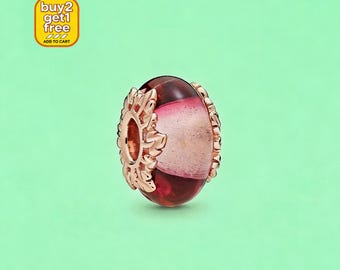 Rose Gold Plated Pink Murano Glass Charm for Bracelet Necklace, Christmas Handmade Pendant