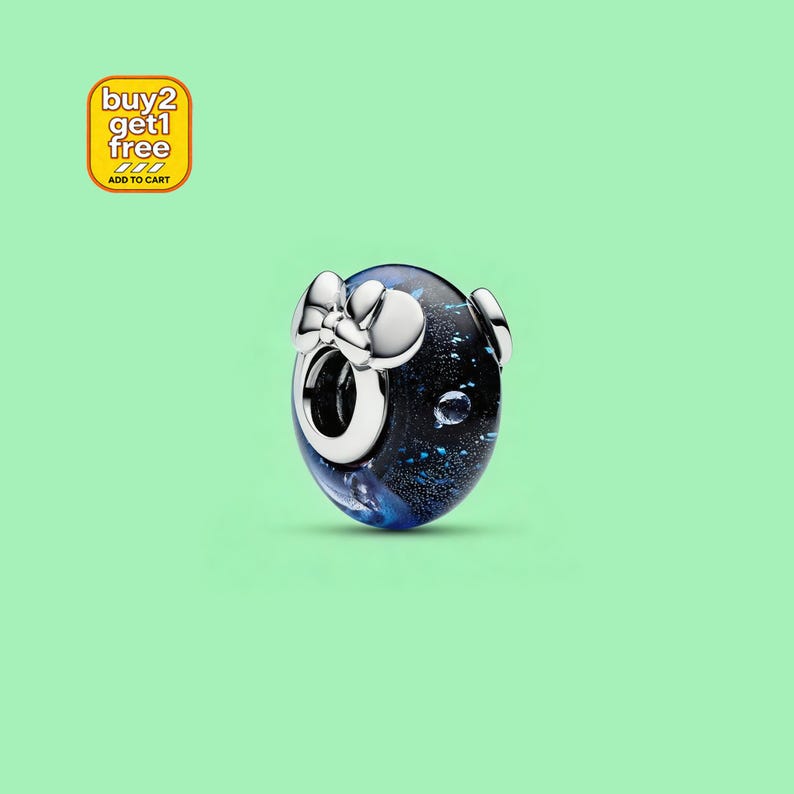 Mickey & Minnie Mouse Blue Murano Glass Charm for Bracelet or Necklace Silver, Necklace Pendant, Handmade, Gift for Her, Pandora Charm image 1