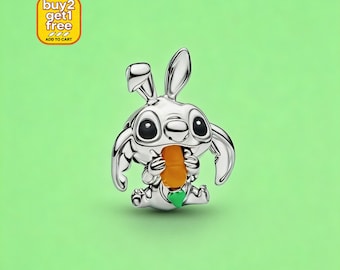Stitch Easter Bunny Charm, Silver Pendant for Bracelet Necklace
