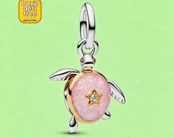 Pink Sea Turtle Charm, Lab-grown Diamond, Sterling Silver Dangle Pendant