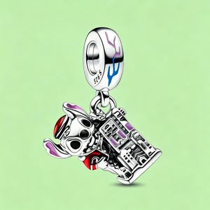 May include: A silver charm with a cartoon character and a purple and white building. The charm has a loop at the top with blue and purple accents. The cartoon character is wearing a red hat and outfit.