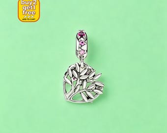 Pink Family Tree Dangle Charm, Sterling Silver Pendant, Christmas Handmade Jewelry