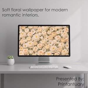 Floral Desktop Wallpaper in Soft Ivory Roses – Romantic Neutral Digital Background for Home Office, Bedroom & Minimal Decor