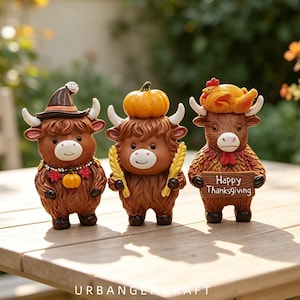 Ensemble de figurines de vaches Highland mignonnes, décorations d'automne, de Thanksgiving et d'Halloween, statue sur le thème de la citrouille, de la feuille d'érable et de la dinde, cadeau pour la maison pendant les fêtes