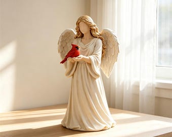 Statuetta in resina di angelo che tiene un cardinale rosso, statua di angelo alato, decorazione religiosa commemorativa per la casa, regalo di condoglianze