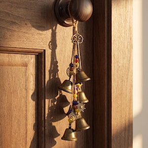 May include: A decorative hanging ornament featuring multiple brass-coloured bells, a metal key, a sun charm, a tree charm, and a leaf charm, all suspended by twine with colourful beads. The ornament is attached to a round, dark wood door knob.