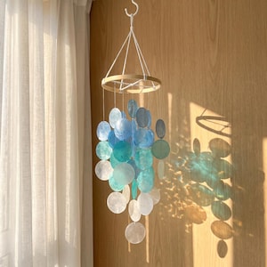 Nordic Capiz Shell Wind Chime, Blue Ombre Shell Mobile, Coastal Window Hanging, Boho Nursery Decor, Meditation White Noise Gift