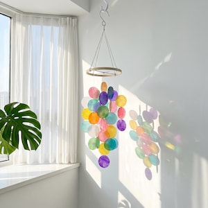 Capiz Shell Wind Chime, Nordic Blue Ombre Coastal Window Hanging, Beach House Decor, Boho Wall Hanging, Housewarming Gift