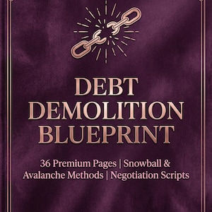 Op de afbeelding: Een bordeauxrode boekomslag met gouden tekst en accenten. De titel "DEBT DEMOLITION BLUEPRINT" wordt weergegeven, met de tekst "36 Premium Pagina's | Sneeuwbal- en Lawine-methoden | Onderhandelingsscripts". Een grafiek van een gebroken ketting staat bovenaan.