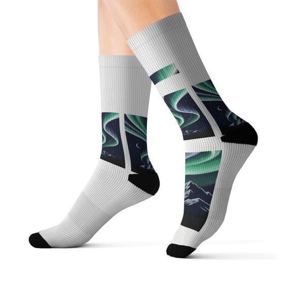 Northern Lights Mountain Scene Sublimation Socks | Aurora Borealis Crew Socks