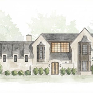 May include: Watercolor illustration of a large, two-story house with a light-colored exterior and a dark gray roof. The house features multiple windows, a front door, and landscaping, including trees and bushes. The style is reminiscent of a classic, elegant home.